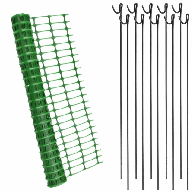 Green Plastic Mesh Safety Barrier Fencing 25m x 1m & 10 Steel Metal Fencing Pins
