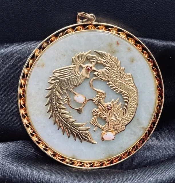 Vintage Chinese Jade Jadeite 14K Gold Plated Peacock & Dragon - Pendant Only