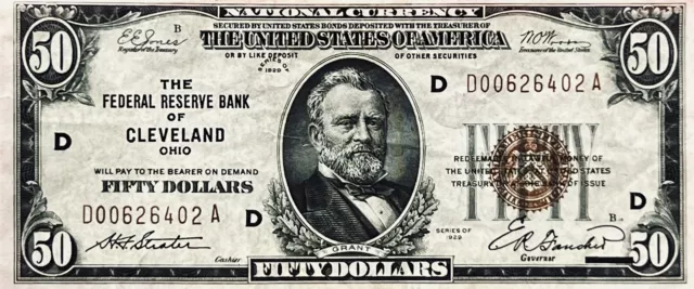 🔥1929 $50 Federal Reserve Note Fifty Dollars Brown Seal Cleveland Crisp Au/Bu