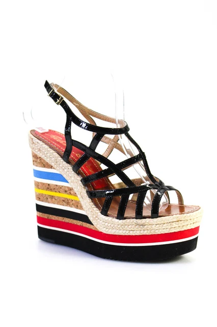 Paloma Barcelo Womens Stripe Wedge Strappy Sandals Black Patent Leather Size 7