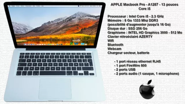 Apple Macbook Pro A1278 13" - Intel Core i5 - 2.3GHz - RAM 8Go - SSD 256 Go