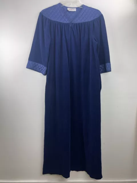 Vintage Vanity Fair 70s Blue Velour Zip Up Robe Nightgown Women's Small Gown