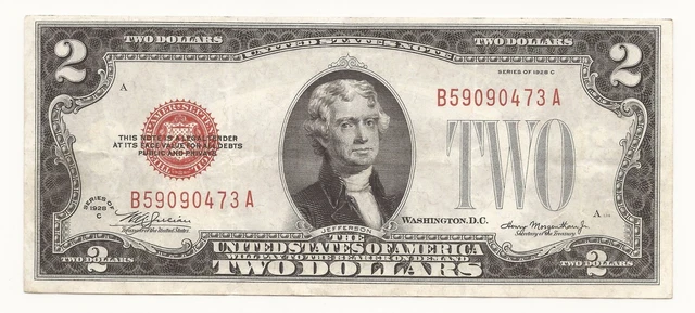 1928-C Red Seal $2 Dollar Bill UNITED STATES NOTE Higher Grade 473A-RCM