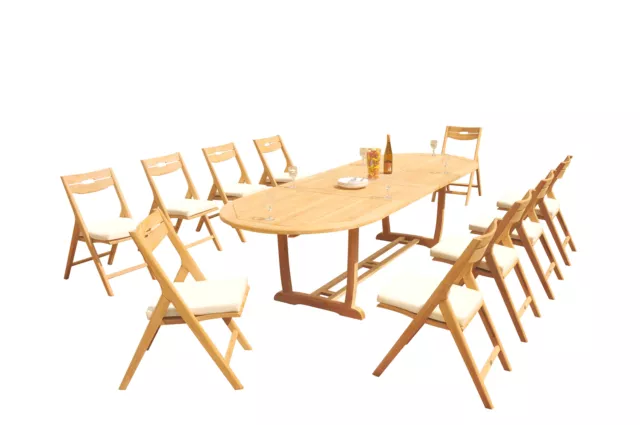 11-Pc Outdoor Teak Dining Set: 117" Masc Oval Extn Table, 10 Folding Chairs Surf