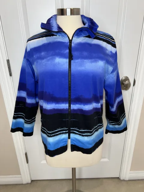 Caroline Rose Size M Blue and Black Watercolor Stripe Pockets Collared Jacket