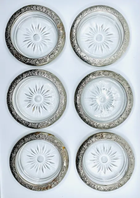 Vintage Towle Silver Plated & Crystal Coasters Italy 4” Set Of 6 Hostess Gift