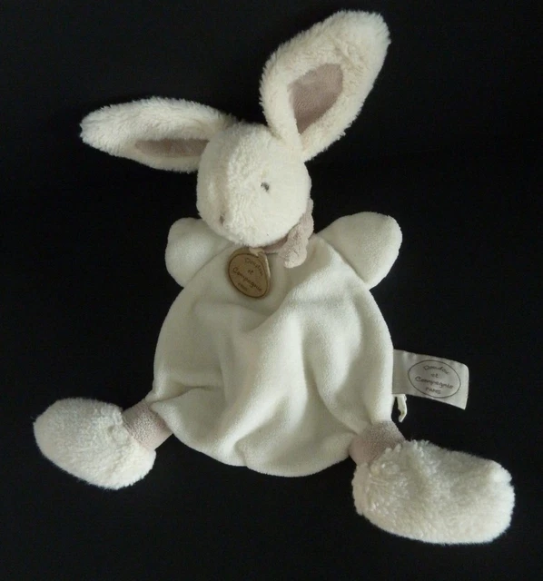 91. Doudou Et Compagnie Lapin Bonbon Plat Blanc Ecru Taupe Beige Col Noeuds Tbe