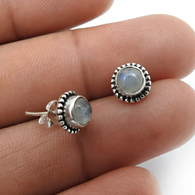 Natural Rainbow Moonstone Gemstone Stud Earrings 925 Silver For Women N12