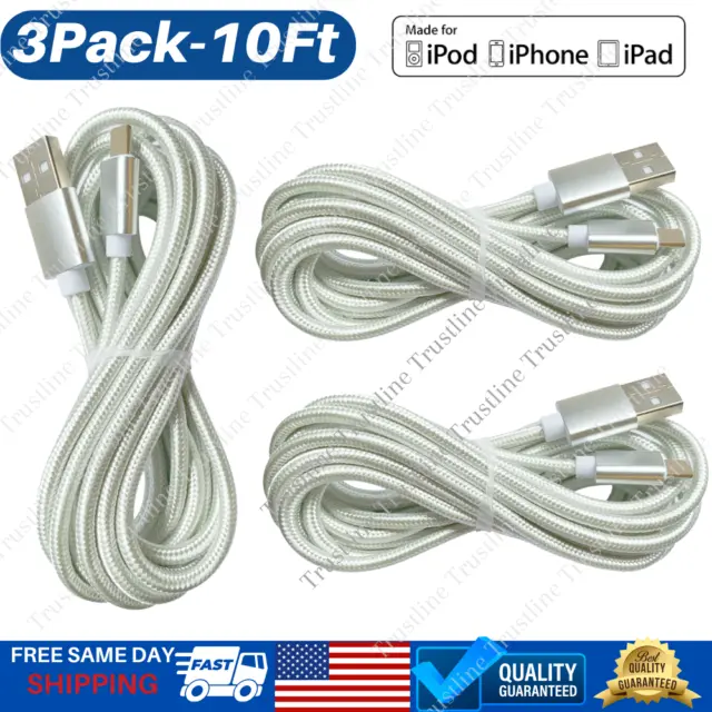 3 Pack 10Ft Long USB Fast Charging Cable For iPhone 13 12 11 7 6 XR Charger Cord