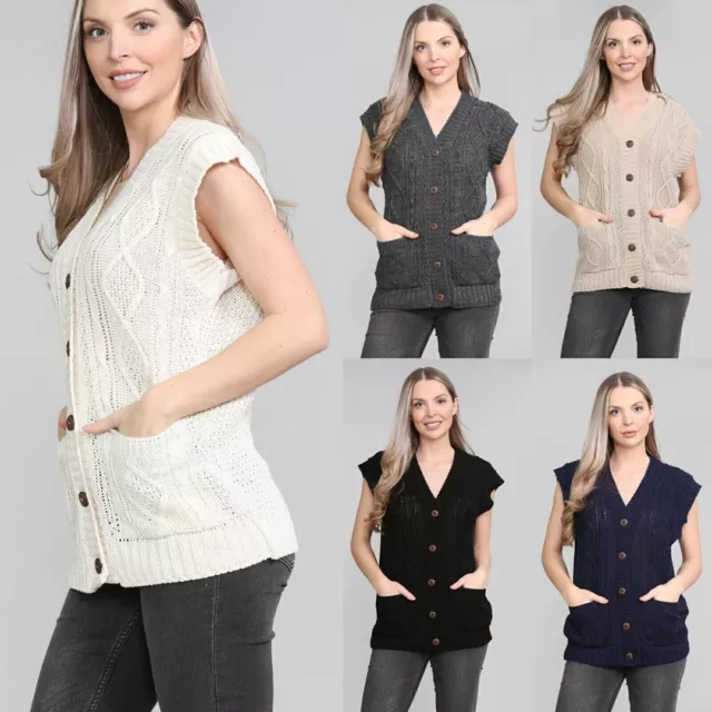 Ladies Sleeveless Button Cable Knitted Grandad Cardigan Womens Waistcoat Sweater