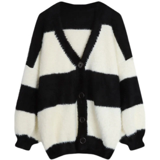Femme Rayé Cardigan Fausse Fourrure Tricoté Pull Veste Manteau Col V Bouton