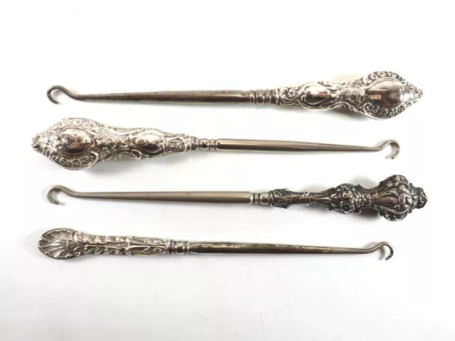 Four Antique Silver Handled Button Hooks / Different Dates & Sizes Ref 488/14