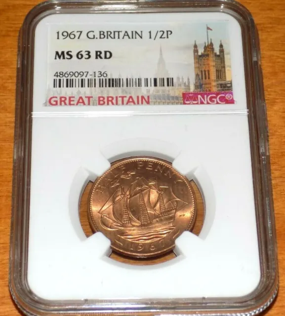 1967 GREAT BRITAIN NGC MS 63 RD BRITISH UK 1/2 Penny MS63 Certified Graded Coin