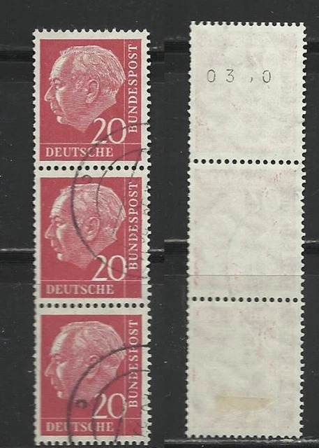 Bund Mi.185R 3er-Streifen gestempelt, 20Pf. Heuss mit gerader Zähl-Nr. (1954)