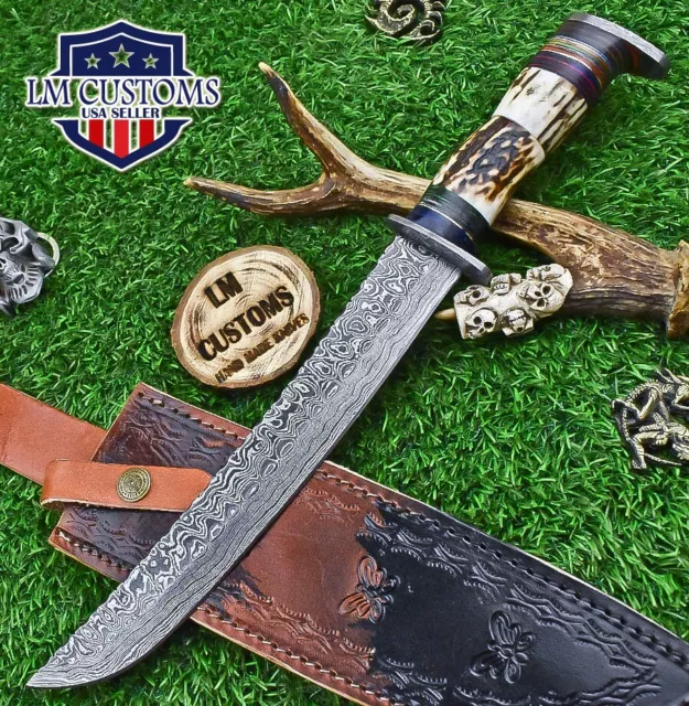 Custom Hand Forged Bowie Knife Damascus Stag Antler Damascus Guard Hiking Rare