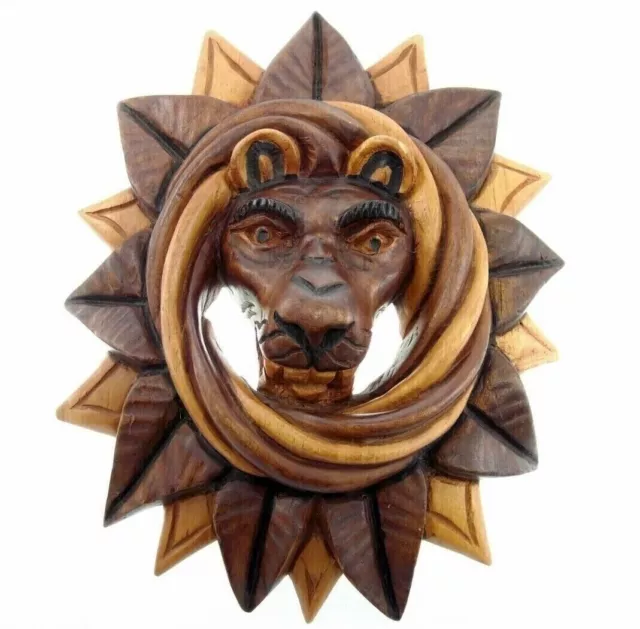 13" Carved Wood Lion Head Wreath Wall Hanging Wooden African Decor