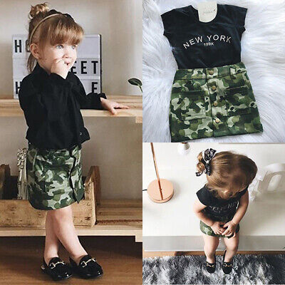 Toddler Infant Baby Girls Clothes Letter Print Tops Shirt Camo Skirts Outfits