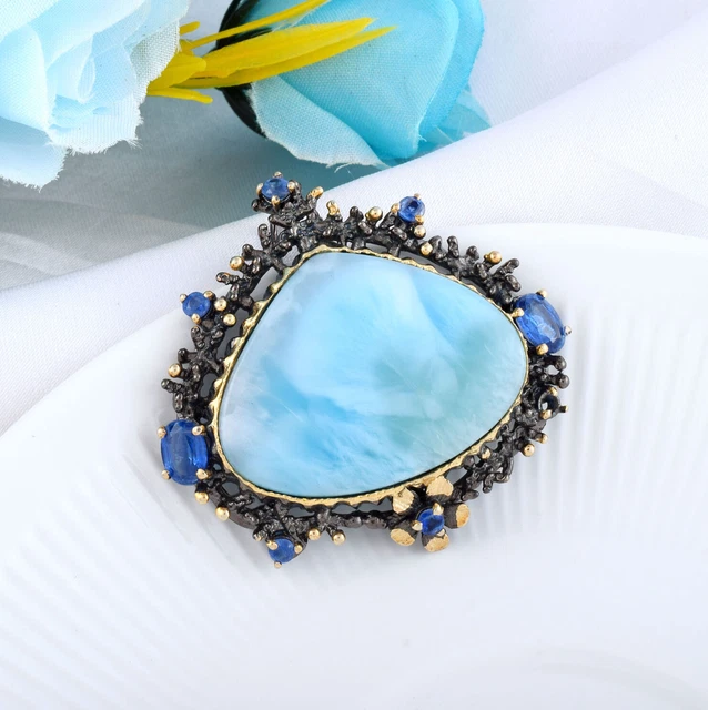 Natural Larimar Pendant 925 Sterling Silver Black Rhodium Gold Oxidized Jewelry