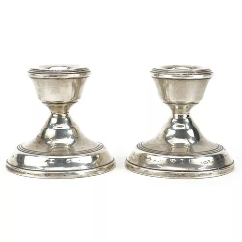 Pair of Antique Sterling Silver Squat Dwarf Candlesticks / Candle Holders