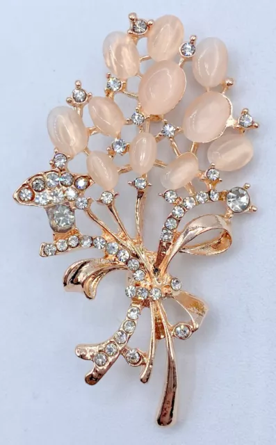E8-2040 Vintage Brooch Rose Gold 2.25" Rhinestone Crystal Flower Pink Long Stem