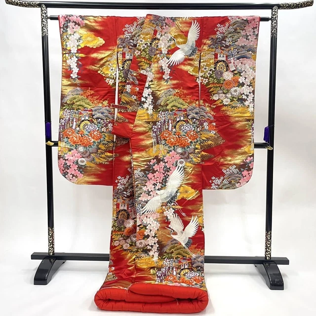 Japanese Kimono Uchikake Luxurious Wedding Embroidery Pure Silk Crane Red K461 2