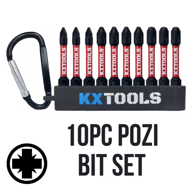 10 x 50mm KXTOOLS Mixed Pozi PZ1 PZ2 PZ3 Impact Bits Driver Screwdriver Set 1/4"