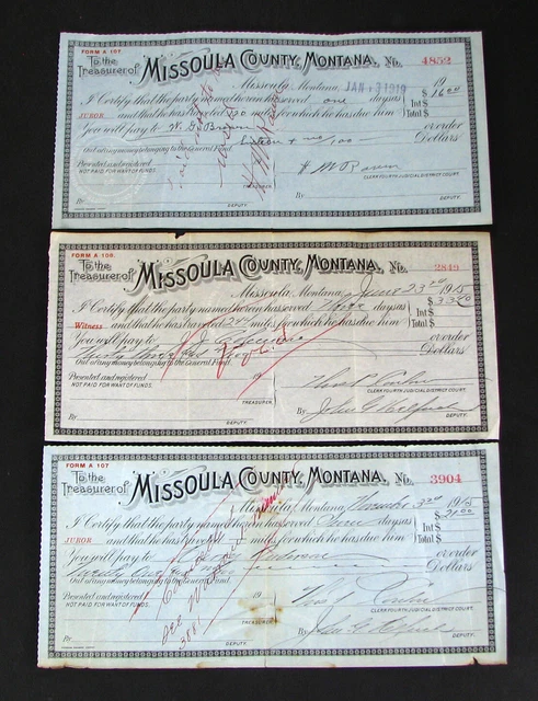 #75 - 3 scarce MISSOULA COUNTY, MONTANA Court Documents WITNESS & JUROR payments