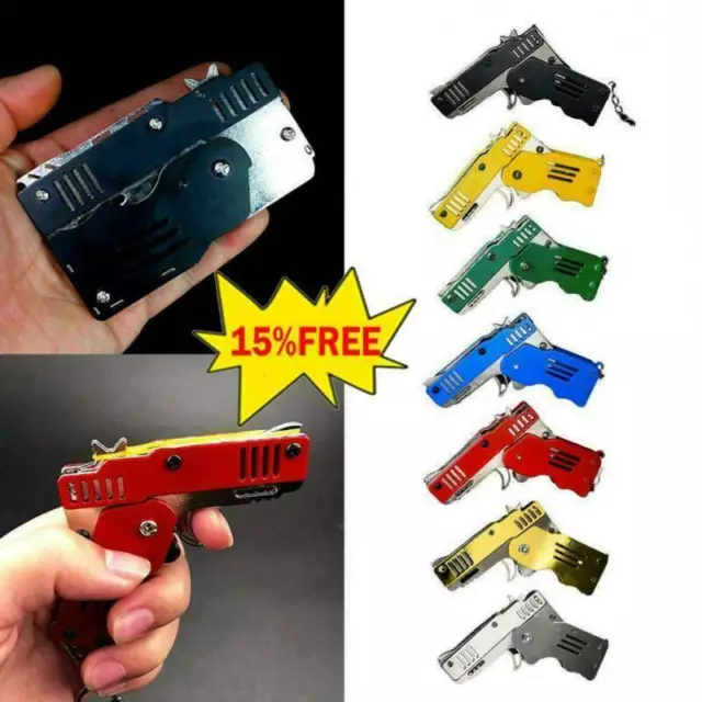 Rubber Band Gun Mini Metal Folding 6-Shot with Keychain and Rubber Band 100&NEW