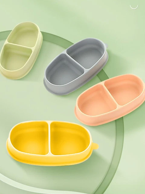 2pcs Suction Cup Unbreakable Divided Plate Kids Feeding Soft Silicone Dinner