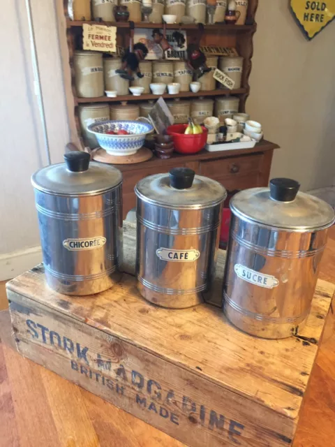 Vintage Set 3 Chrome French Kitchen Storage Canisters / Jars Sucre Café Chicoree