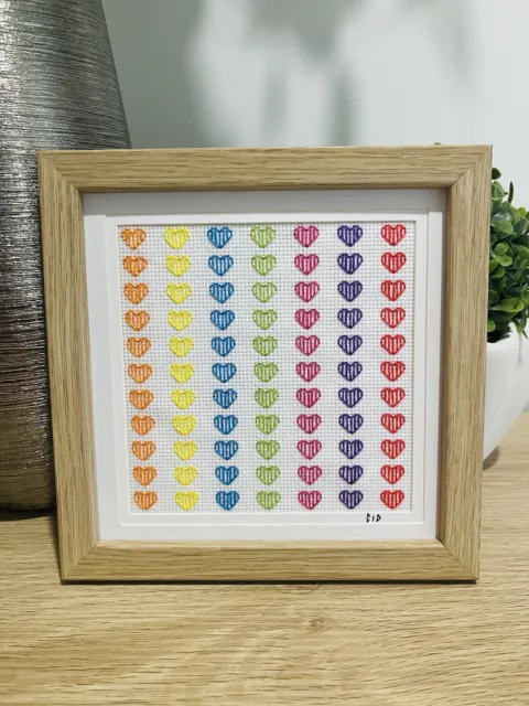 Cidstitches Cute Rainbow Hearts Back Stitch Finished Wood Frame 7" Wall Desk Art