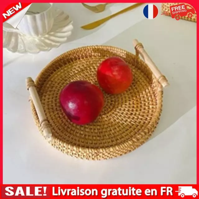 Handmade Rattan Storage Tray with Wooden Handle Wicker Basket for Cake (M)