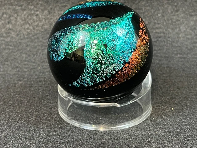 Massive Vtg Large Pair 2.3" Black Shooter Marbles w/ 3 Color Blue & Gold Lutz