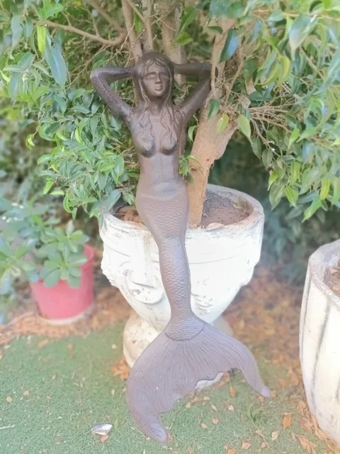 Cast Iron Large Mermaid Sitting Heavy Rusty Statue Sculpture 64cm Poolside Yard