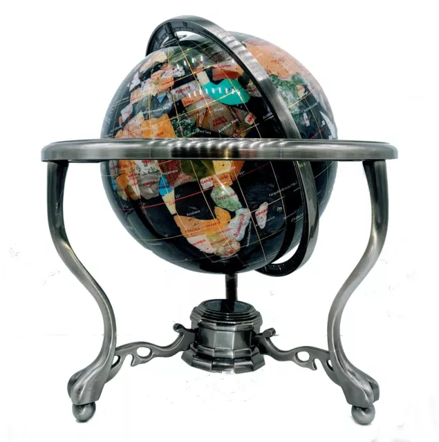 Collector Edition! 14" Black Pearl Swirl Gemstone globe w/ Tripod Zinc Alloy Std