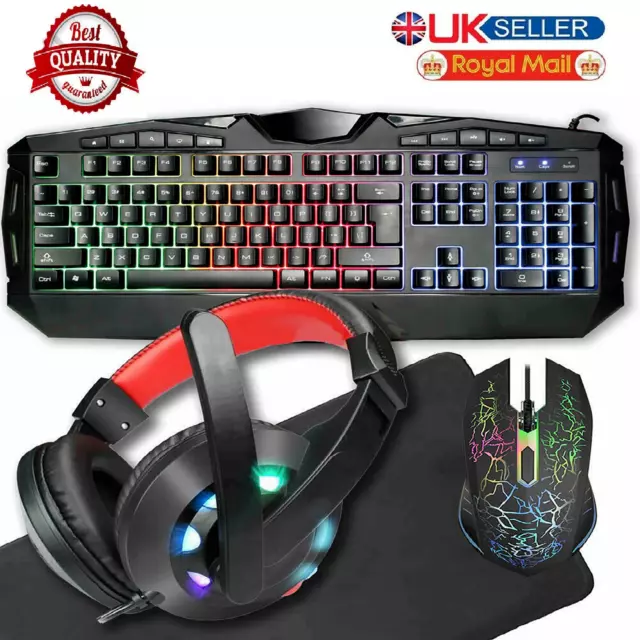 Rainbow LED Gaming Keyboard Mouse Headset And Pad Combo Set Backlit USB Wired UK