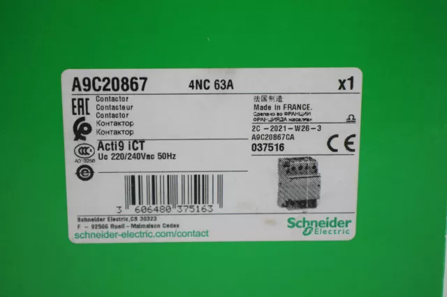 SCHNEIDER 63 AMP FOUR POLE NC CONTACTOR 220/240V COIL ICT A9C20867 ACTI9 - New 3