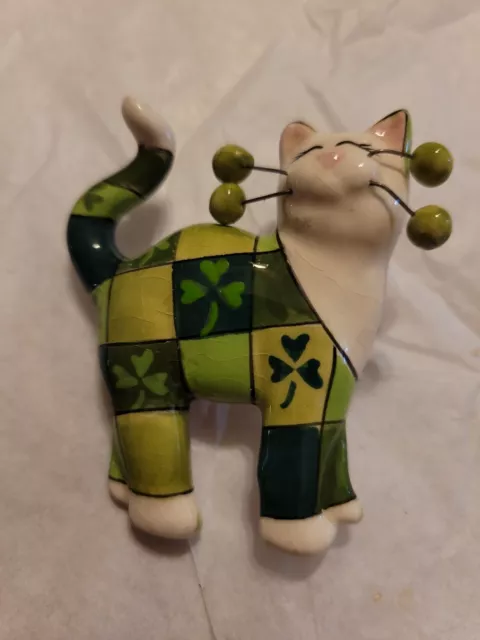 Amy Lacombe Whimsiclay Green Patchwork Shamrocks Cat Brooch Pin