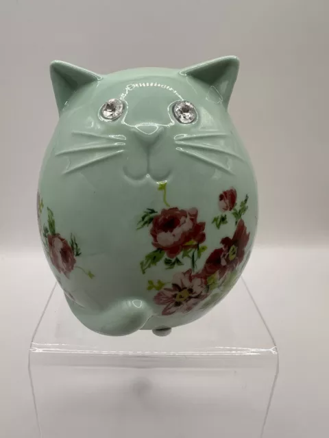 Vintage Floral Kitty Cat Ceramic Coin Piggy Bank Rhinestone Eyes