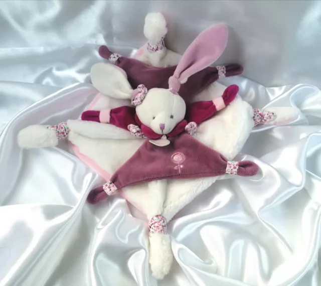 ⭐⭐⭐ Doudou Plat Carré Lapin Cerise Rose Fuchsia Mauve Fleurs Doudou et Compagnie