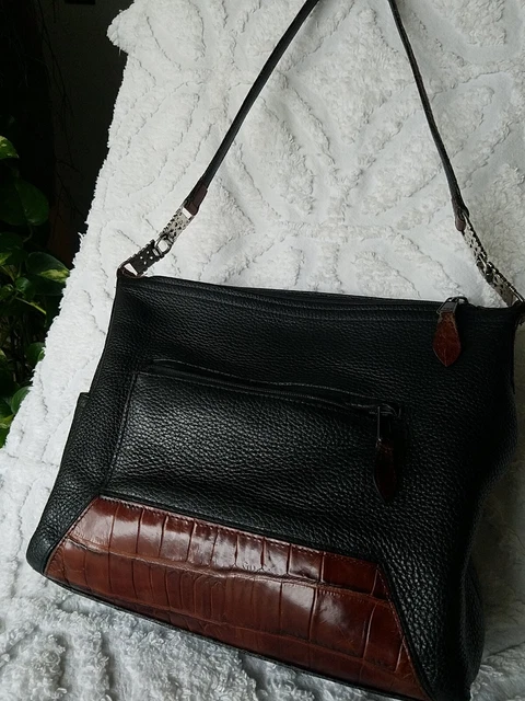 Brighton Shoulder Tote Bag Black Pebble Leather And Brown Croc Embossed Purse