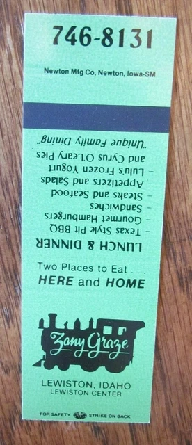 Train On Matchbook Matchcover: Zany Graze Restaurant (Lewiston, Idaho) -E25
