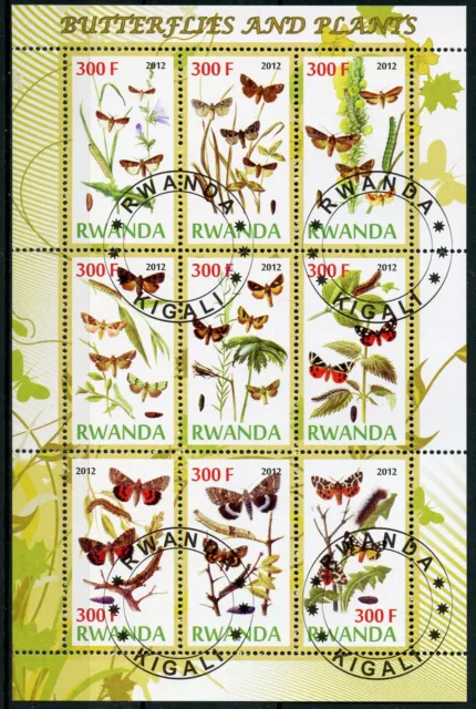 Rwanda 2012 CTO Butterflies & Plants 9v M/S Caterpillars Insects Nature Stamps