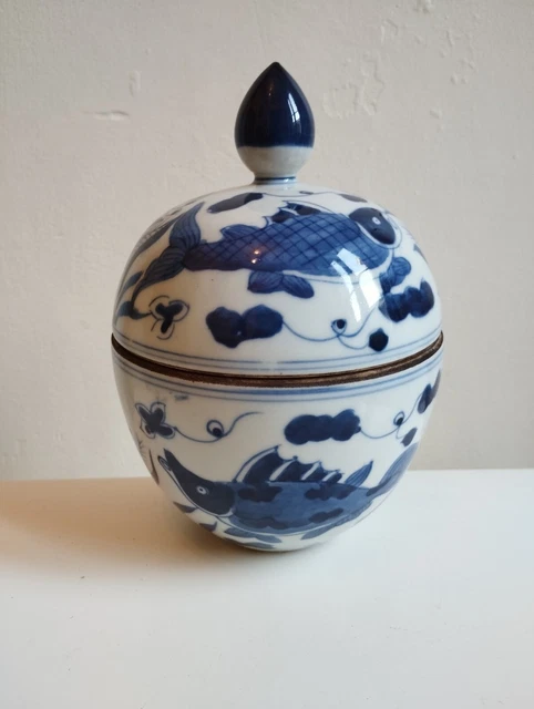 ANCIEN POT COUVERT PORCELAINE DE CHINE BLANC BLEU MARQUE KANGXI 19eme SIÈCLE