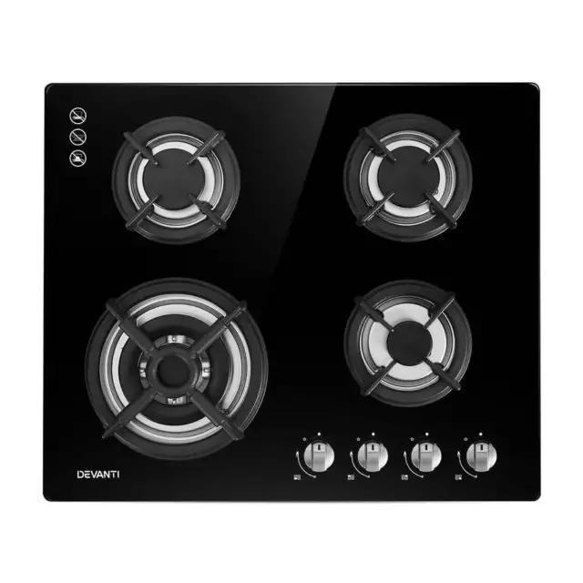 Devanti Gas Cooktop 60cm 4 Burner Ceramic Glass Cook Top Stove Hob Cooker LPG NG