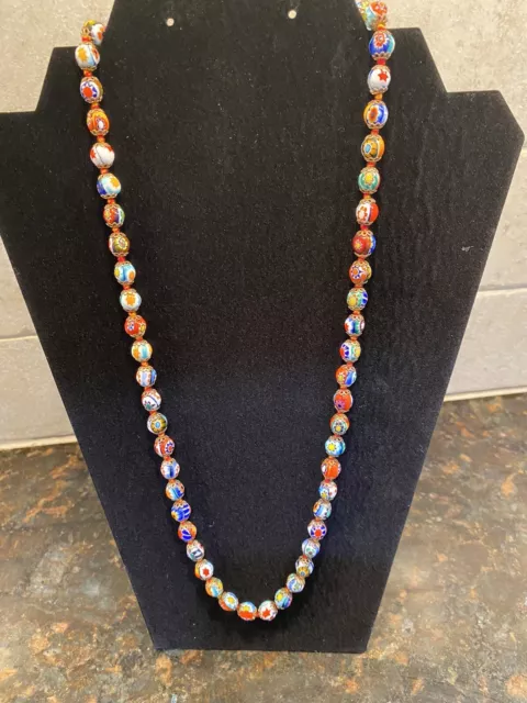 Vintage Italian Murano Millefiore Multicolor Glass Bead 25" Necklace