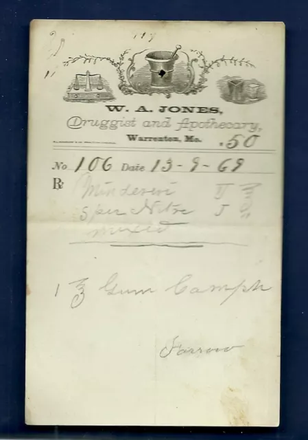 1869 WA Jones Druggist Apothecary Warrenton Missouri Prescription Receipt No 106