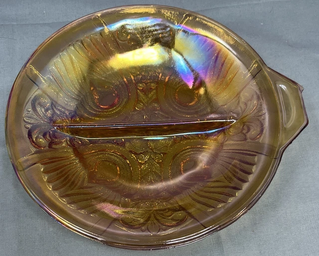Vintage Indiana Marigold Carnival Glass Divided Relish Dish Candy Bowl w Handle