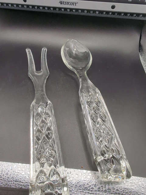 Vintage Glass Anchor Hocking Wexford Pattern Serving Salad Fork and Spoon Set