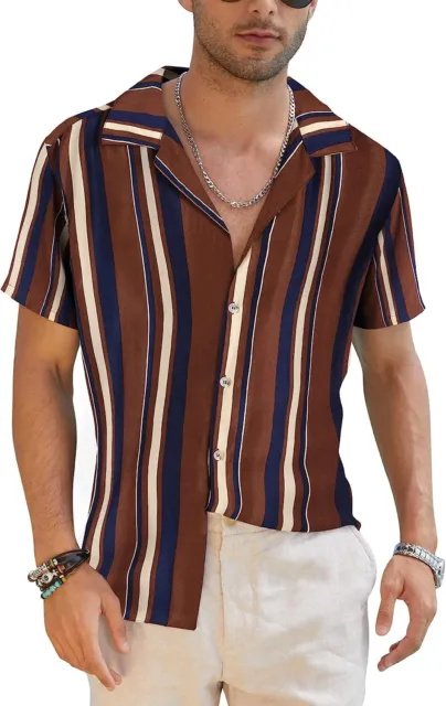 COOFANDY Mens Hawaiian Shirts Short Sleeve Striped Shirt Button Down Beach Shirt